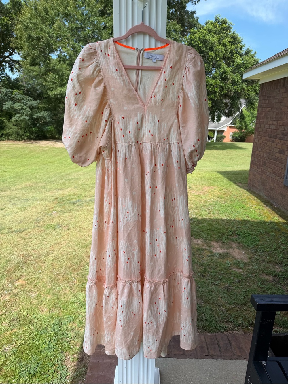 HUNTER BELL Peach Maxi Dress with Red Dot Print